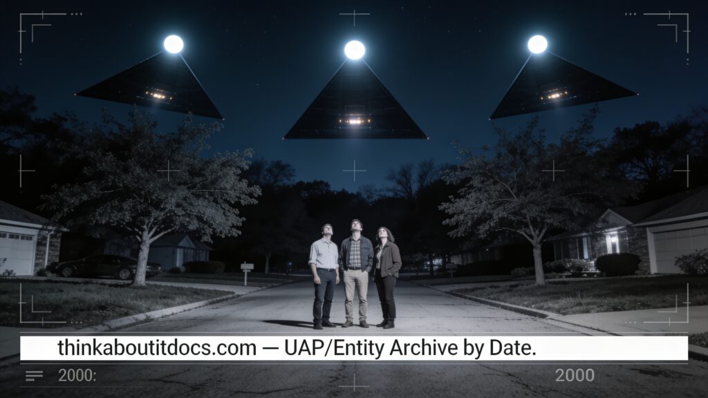 Dossier-style illustration of the 2000 Newtown Square sighting showing three people in a driveway watching three dark triangular objects with lit tips pass low overhead at night