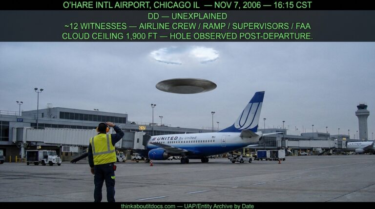 Dossier-style reconstruction of the November 2006 O'Hare Airport UFO showing a dark gray metallic disc hovering below a gray overcast ceiling above Gate C17 with a United Airlines 737 at the gate and a ramp worker in a high-visibility vest looking up as a circular hole forms in the cloud layer