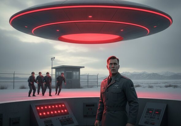 Illustration of a glowing red saucer-shaped UFO hovering over the front gate of a Minuteman nuclear missile launch facility at Malmstrom AFB in 1967.