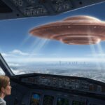 Illustration of a reddish-brown, lens-shaped UFO with fuzzy edges hovering over the Paris region as seen from the cockpit of an Air France Airbus A320 in 1994.
