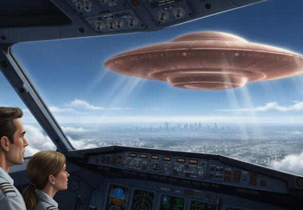 Illustration of a reddish-brown, lens-shaped UFO with fuzzy edges hovering over the Paris region as seen from the cockpit of an Air France Airbus A320 in 1994.