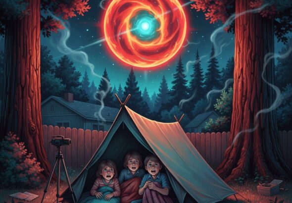 Illustration of a red and blueish-green glowing ball of fire UFO hovering below the treetops near a backyard tent in Redwood Valley, California, 1985.