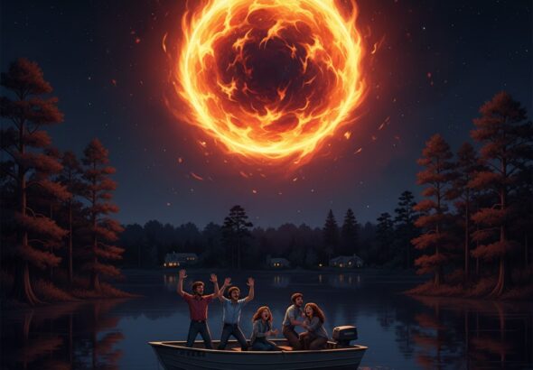 Illustration of a flaming orange and red ball of fire UFO hovering directly over a small fishing boat with four witnesses on Bear Lake, Florida, at night in 1983.