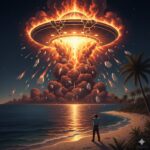 Dramatic illustration of a flying disk exploding over Toninha's Beach in Ubatuba, Brazil, 1957, with metallic magnesium fragments raining down toward a witness.