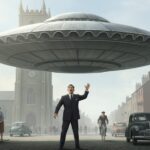 1959 Milford Haven UFO illustration showing a 150-foot scalloped disc over the Welsh town