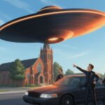 Illustration of three Huntington police officers witnessing a circular UFO hovering over a church steeple in 2003
