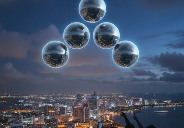 Illustration of silver spherical UAPs in formation over a coastal city during the May 2024 Florida wave.