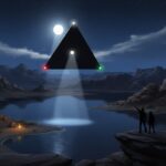 Illustration of a triangular UAP with white, red, and green lights hovering over Lake Powell at night.