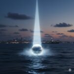 A metallic spherical unidentified aerial phenomenon (UAP) captured in mid-air just before diving into the ocean off the coast of San Diego, based on authenticated 2020 Pentagon footage.