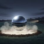 Digital illustration of a metallic chrome, basketball-sized orb hovering over a circular trench in a dark field in Winamac, Indiana, with a truck approaching in the background.