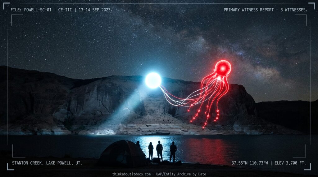 Reconstruction of the September 2023 Lake Powell encounter showing a brilliant white orb and red octopus-shaped entity with trailing orb-studded legs hovering over a rocky bay at night with three witnesses at a campsite across the water.