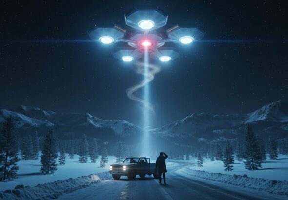 Hexagonal UFO sighting over snowy mountains December 2004