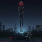 Illustration of a tall, thin entity with glowing red eyes floating near a witness in Washington D.C., December 2004.