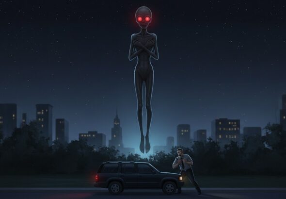 Illustration of a tall, thin entity with glowing red eyes floating near a witness in Washington D.C., December 2004.