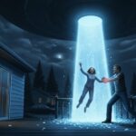 Illustration of a pale blue square tractor beam lifting a witness during the December 2004 Billerica, MA abduction encounter.