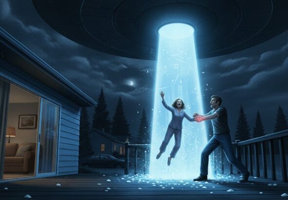 Illustration of a pale blue square tractor beam lifting a witness during the December 2004 Billerica, MA abduction encounter.