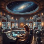 Illustration of Ann Francis in an alien training facility, sitting at a curved control panel with a glowing oval flight-learning object, surrounded by tall stone architecture and Gray entities.