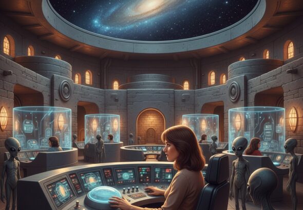 Illustration of Ann Francis in an alien training facility, sitting at a curved control panel with a glowing oval flight-learning object, surrounded by tall stone architecture and Gray entities.