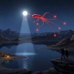 Illustration of a bright white orb and a red octopus-shaped entity with glowing points on its legs hovering over a rocky bay at night.