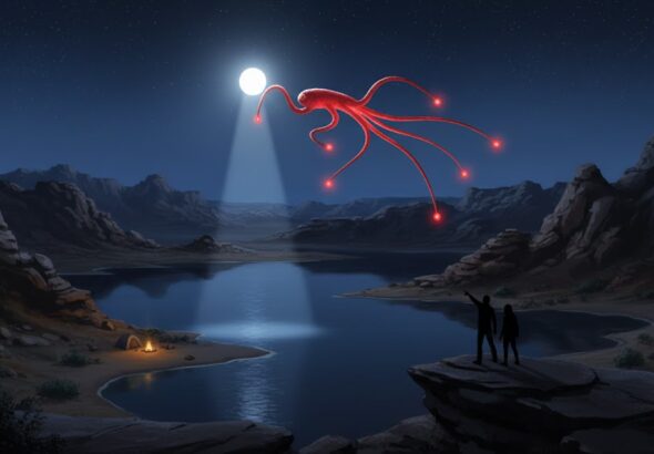 Illustration of a bright white orb and a red octopus-shaped entity with glowing points on its legs hovering over a rocky bay at night.