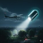 Illustration of a 1968 UFO encounter in Warren, Ohio, showing a metallic object pacing a Cessna 172 Skyhawk at night
