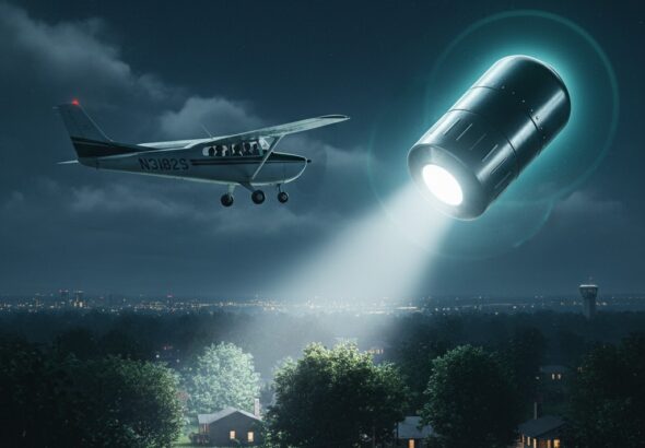 Illustration of a 1968 UFO encounter in Warren, Ohio, showing a metallic object pacing a Cessna 172 Skyhawk at night