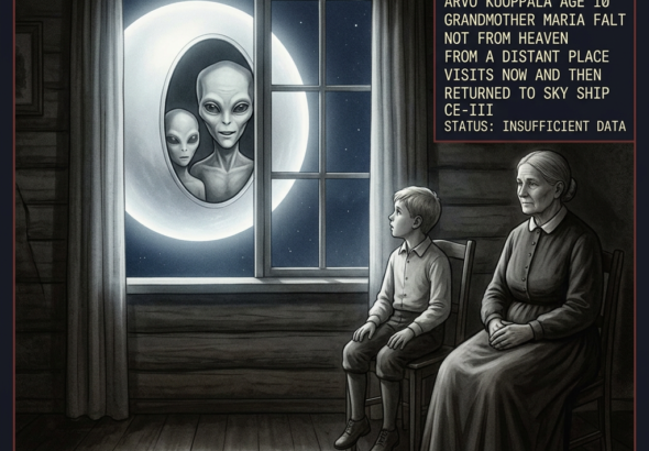 Illustration of the end of August 1914 Alastaro Finland CE-III encounter showing 10-year-old Arvo Kuoppala gripping his chair in fear beside his calm grandmother Maria Falt as a large shining globe hovers outside the farmhouse window with an oval aperture open showing two large-headed beings the larger one centered and silently mouthing words with a dossier annotation panel noting the grandmother had prior knowledge of the recurring beings and their sky ship