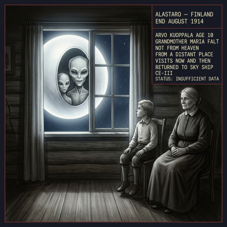 Illustration of the end of August 1914 Alastaro Finland CE-III encounter showing 10-year-old Arvo Kuoppala gripping his chair in fear beside his calm grandmother Maria Falt as a large shining globe hovers outside the farmhouse window with an oval aperture open showing two large-headed beings the larger one centered and silently mouthing words with a dossier annotation panel noting the grandmother had prior knowledge of the recurring beings and their sky ship