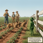 Illustration of the early May 1914 Farmersville Texas CE-III encounter showing three Latham brothers in farm clothing standing back as two lunging farm dogs approach an 18-inch uniformly green entity with a wide-brimmed hat of one piece with its body standing completely motionless in a fencerow staring north in a flat Texas cotton field