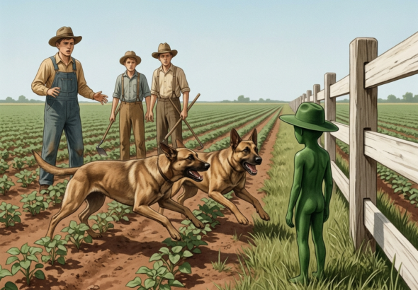 Illustration of the early May 1914 Farmersville Texas CE-III encounter showing three Latham brothers in farm clothing standing back as two lunging farm dogs approach an 18-inch uniformly green entity with a wide-brimmed hat of one piece with its body standing completely motionless in a fencerow staring north in a flat Texas cotton field
