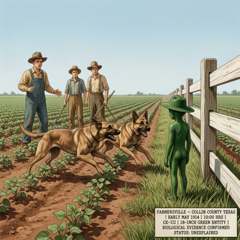 Illustration of the early May 1914 Farmersville Texas CE-III encounter showing three Latham brothers in farm clothing standing back as two lunging farm dogs approach an 18-inch uniformly green entity with a wide-brimmed hat of one piece with its body standing completely motionless in a fencerow staring north in a flat Texas cotton field