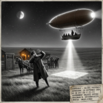 Illustration of the September 23 1914 Kalmyk province Astrakhan Russia CE-II encounter showing stone contractor Vasiliy Sokolov temporarily blinded by a thunderbolt-like beam of light from a large brown cigar-shaped craft with a smaller suspended boat craft beneath it containing six humanoid shadow figures while Tatar village witnesses emerge from a building and the craft rotates on its perpendicular axis pointing toward Astrakhan