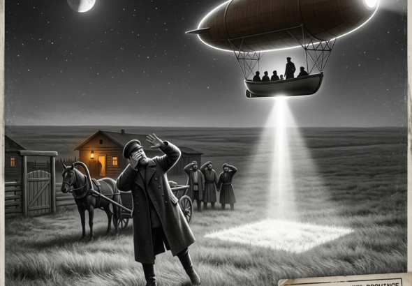 Illustration of the September 23 1914 Kalmyk province Astrakhan Russia CE-II encounter showing stone contractor Vasiliy Sokolov temporarily blinded by a thunderbolt-like beam of light from a large brown cigar-shaped craft with a smaller suspended boat craft beneath it containing six humanoid shadow figures while Tatar village witnesses emerge from a building and the craft rotates on its perpendicular axis pointing toward Astrakhan