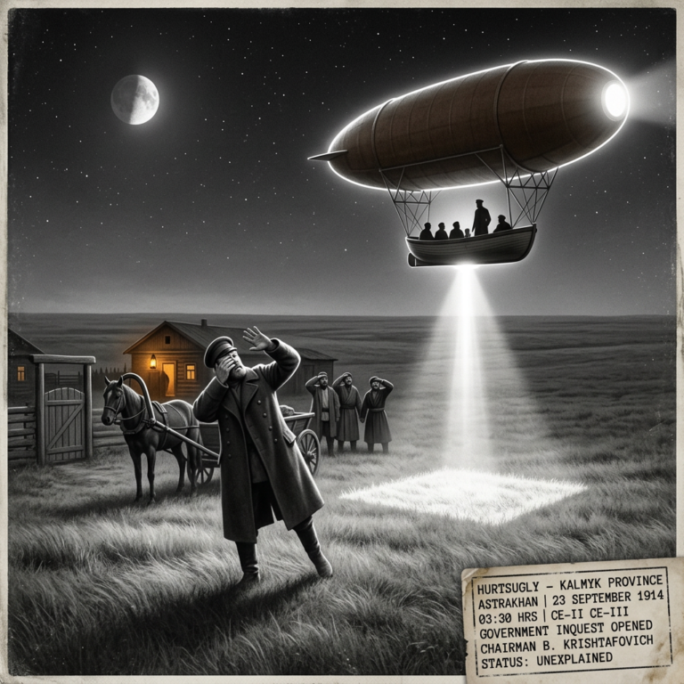 Illustration of the September 23 1914 Kalmyk province Astrakhan Russia CE-II encounter showing stone contractor Vasiliy Sokolov temporarily blinded by a thunderbolt-like beam of light from a large brown cigar-shaped craft with a smaller suspended boat craft beneath it containing six humanoid shadow figures while Tatar village witnesses emerge from a building and the craft rotates on its perpendicular axis pointing toward Astrakhan