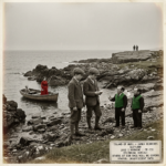 Illustration of the 1912 Island of Muck Scotland CE-III encounter showing two young boys on a grey Hebridean beach holding bread just received from two small adult men in green vests as a tiny boat containing a small woman in a vivid red dress and a tiny dog rests in a nearby rocky cove and one of the small men turns to deliver the parting statement others of our race will be coming
