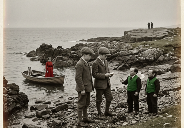 Illustration of the 1912 Island of Muck Scotland CE-III encounter showing two young boys on a grey Hebridean beach holding bread just received from two small adult men in green vests as a tiny boat containing a small woman in a vivid red dress and a tiny dog rests in a nearby rocky cove and one of the small men turns to deliver the parting statement others of our race will be coming