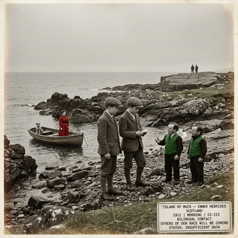 Illustration of the 1912 Island of Muck Scotland CE-III encounter showing two young boys on a grey Hebridean beach holding bread just received from two small adult men in green vests as a tiny boat containing a small woman in a vivid red dress and a tiny dog rests in a nearby rocky cove and one of the small men turns to deliver the parting statement others of our race will be coming