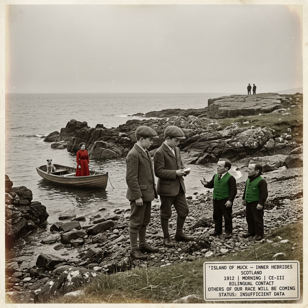 Illustration of the 1912 Island of Muck Scotland CE-III encounter showing two young boys on a grey Hebridean beach holding bread just received from two small adult men in green vests as a tiny boat containing a small woman in a vivid red dress and a tiny dog rests in a nearby rocky cove and one of the small men turns to deliver the parting statement others of our race will be coming