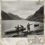 Illustration of the late February 1913 Killary Harbor Connemara Ireland CE-III encounter showing Mr Collins standing at the bow of his small yacht calling out to three tall blond heavy-set men working on a strange aeroplane-like craft that has ditched from the sea onto the rocky shoreline as one of the men straightens and directly gestures for Collins to leave the area with steep Connemara mountains rising on both sides of the narrow fjord
