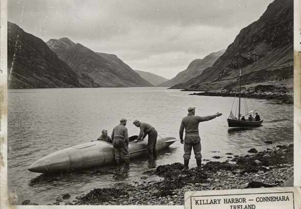 Illustration of the late February 1913 Killary Harbor Connemara Ireland CE-III encounter showing Mr Collins standing at the bow of his small yacht calling out to three tall blond heavy-set men working on a strange aeroplane-like craft that has ditched from the sea onto the rocky shoreline as one of the men straightens and directly gestures for Collins to leave the area with steep Connemara mountains rising on both sides of the narrow fjord