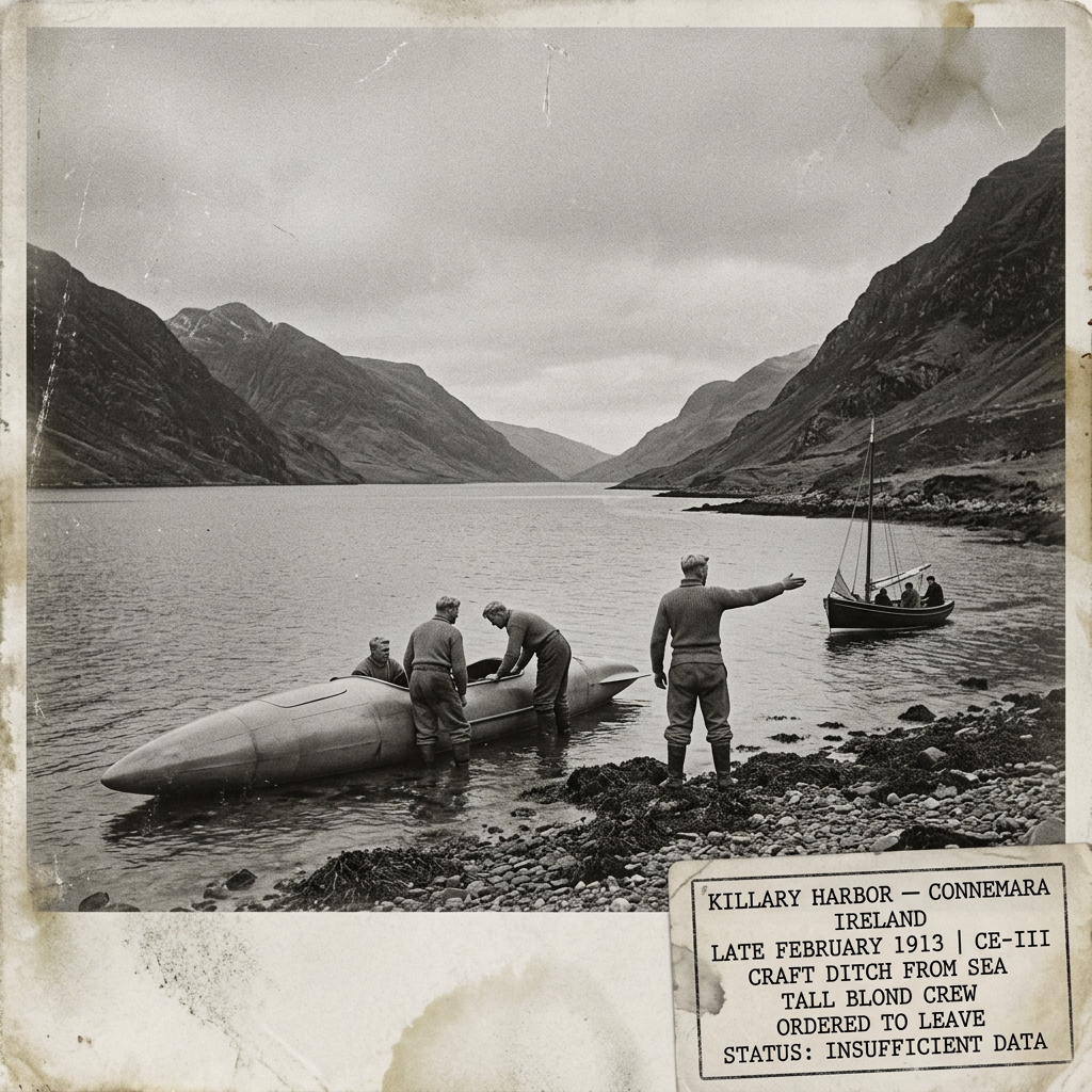 Illustration of the late February 1913 Killary Harbor Connemara Ireland CE-III encounter showing Mr Collins standing at the bow of his small yacht calling out to three tall blond heavy-set men working on a strange aeroplane-like craft that has ditched from the sea onto the rocky shoreline as one of the men straightens and directly gestures for Collins to leave the area with steep Connemara mountains rising on both sides of the narrow fjord