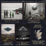 Five panel Scotland UFO UAP archive dossier collage showing left to right two boys on the Island of Muck 1912 receiving bread from small green-vested bilingual entities beside a tiny boat Robert Taylor frozen before a metallic sphere with probe balls at Dechmont Law West Lothian November 1979 a massive diamond-shaped craft hovering over Calvine Perthshire moorland in August 1990 suppressed by the MOD for 32 years a triangular light formation above the Falkirk Triangle Bonnybridge road in 1992 and a Scotland map dossier panel with case locations marked and the 1912 Island of Muck quote others of our race will be coming