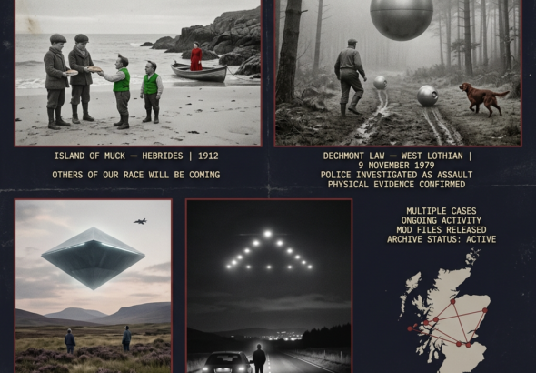 Five panel Scotland UFO UAP archive dossier collage showing left to right two boys on the Island of Muck 1912 receiving bread from small green-vested bilingual entities beside a tiny boat Robert Taylor frozen before a metallic sphere with probe balls at Dechmont Law West Lothian November 1979 a massive diamond-shaped craft hovering over Calvine Perthshire moorland in August 1990 suppressed by the MOD for 32 years a triangular light formation above the Falkirk Triangle Bonnybridge road in 1992 and a Scotland map dossier panel with case locations marked and the 1912 Island of Muck quote others of our race will be coming