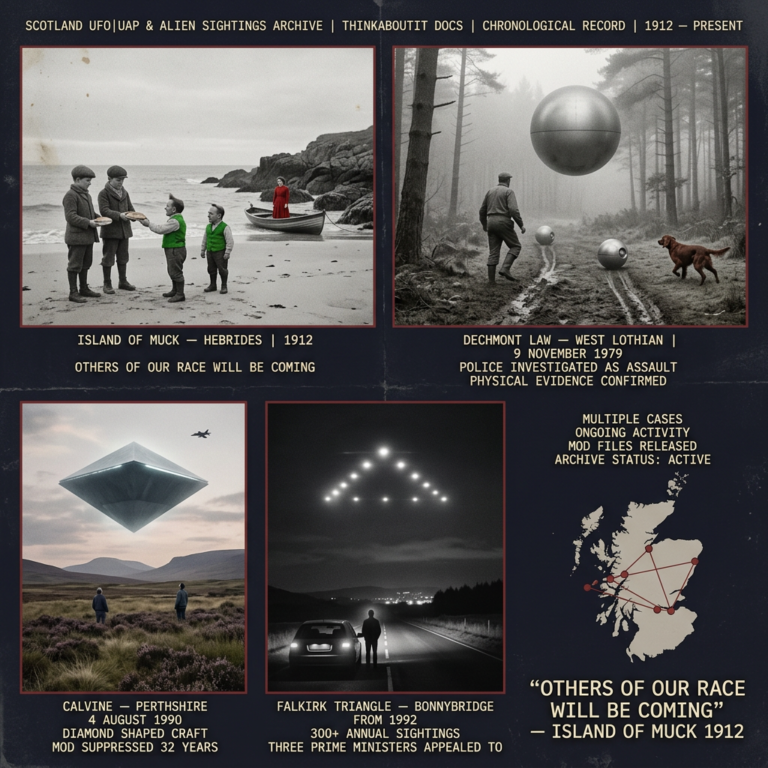 Five panel Scotland UFO UAP archive dossier collage showing left to right two boys on the Island of Muck 1912 receiving bread from small green-vested bilingual entities beside a tiny boat Robert Taylor frozen before a metallic sphere with probe balls at Dechmont Law West Lothian November 1979 a massive diamond-shaped craft hovering over Calvine Perthshire moorland in August 1990 suppressed by the MOD for 32 years a triangular light formation above the Falkirk Triangle Bonnybridge road in 1992 and a Scotland map dossier panel with case locations marked and the 1912 Island of Muck quote others of our race will be coming