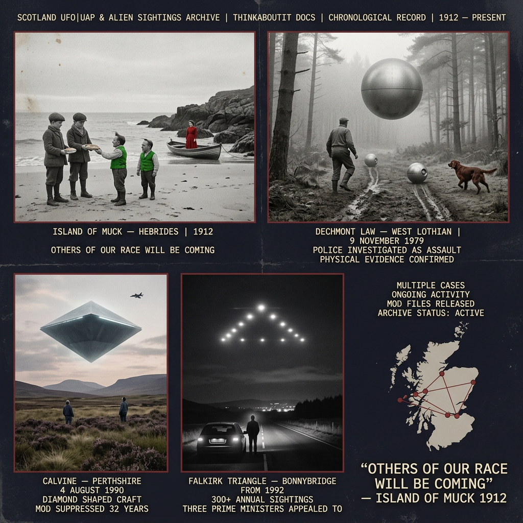 Five panel Scotland UFO UAP archive dossier collage showing left to right two boys on the Island of Muck 1912 receiving bread from small green-vested bilingual entities beside a tiny boat Robert Taylor frozen before a metallic sphere with probe balls at Dechmont Law West Lothian November 1979 a massive diamond-shaped craft hovering over Calvine Perthshire moorland in August 1990 suppressed by the MOD for 32 years a triangular light formation above the Falkirk Triangle Bonnybridge road in 1992 and a Scotland map dossier panel with case locations marked and the 1912 Island of Muck quote others of our race will be coming
