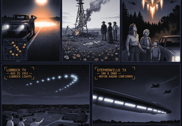 Five-panel military archive illustration depicting key Texas UFO cases: the 1957 Levelland electromagnetic encounter, the 1897 Aurora crash, the 1980 Cash-Landrum radiation incident, the 1951 Lubbock Lights, and the 2008 Stephenville mass sighting, rendered in dark indigo-charcoal dossier style with tactical HUD annotations.