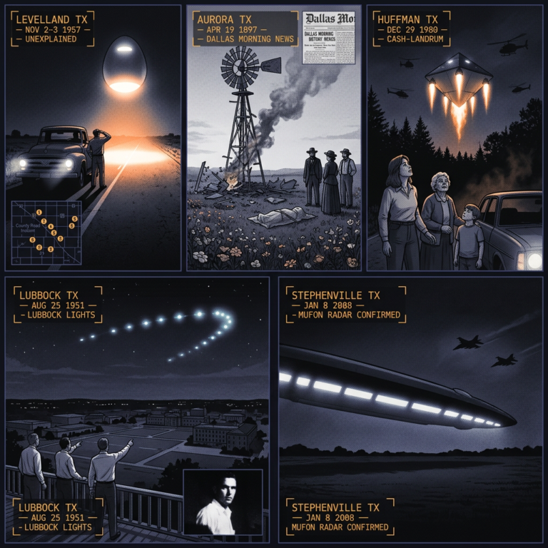 Five-panel military archive illustration depicting key Texas UFO cases: the 1957 Levelland electromagnetic encounter, the 1897 Aurora crash, the 1980 Cash-Landrum radiation incident, the 1951 Lubbock Lights, and the 2008 Stephenville mass sighting, rendered in dark indigo-charcoal dossier style with tactical HUD annotations.