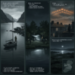 Three-panel military archive illustration depicting key Ireland UFO and alien encounter cases: the 1913 Killary Harbor Connemara CE-III encounter with a lone sailor facing three tall entities on a rocky shoreline beside a grounded craft, the 1996 Boyle County Roscommon alleged crash with military figures at a tree-line impact site, and a split panel showing the 2007 Dublin chevron formation and 2006 Rooskey Lake Mayo sighting, rendered in dark Atlantic charcoal dossier style with tactical HUD annotations and an Ireland location map inset.