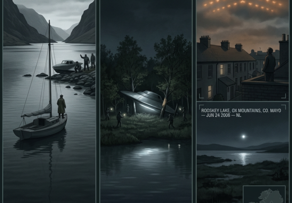 Three-panel military archive illustration depicting key Ireland UFO and alien encounter cases: the 1913 Killary Harbor Connemara CE-III encounter with a lone sailor facing three tall entities on a rocky shoreline beside a grounded craft, the 1996 Boyle County Roscommon alleged crash with military figures at a tree-line impact site, and a split panel showing the 2007 Dublin chevron formation and 2006 Rooskey Lake Mayo sighting, rendered in dark Atlantic charcoal dossier style with tactical HUD annotations and an Ireland location map inset.