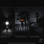 Three panel intelligence dossier collage for the West Virginia UFO UAP alien sightings archive showing left a rural working man on a dark Appalachian country road looking back at a perfectly spherical ball of cold white light maintaining a fixed distance behind him on Saw Mill Road in the mid-to-late 1930s, center seven witnesses including three children and a National Guardsman in frozen retreat from a ten-foot spade-headed entity with glowing orange eyes and acrid ground mist at the Flatwoods Braxton County West Virginia CE-III encounter on September 12 1952, and right a car occupant stopped on Vineyard Hill above Wheeling watching a second massive entity with glowing green eyes and nauseating mist emerge from the treeline three days after Flatwoods and 150 miles away with a West Virginia location map inset